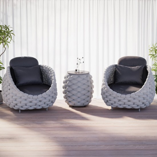 Honhorrs Oval Patio Side Table: Slate Top, Woven Rope Exterior, Aluminum Frame and Hidden Storage