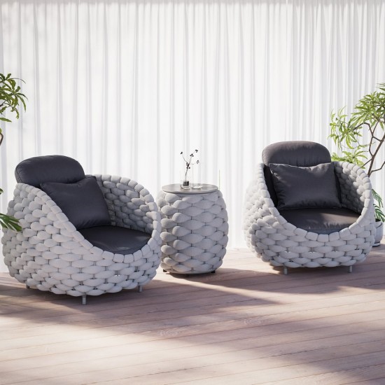 Honhorrs Oval Patio Side Table: Slate Top, Woven Rope Exterior, Aluminum Frame and Hidden Storage