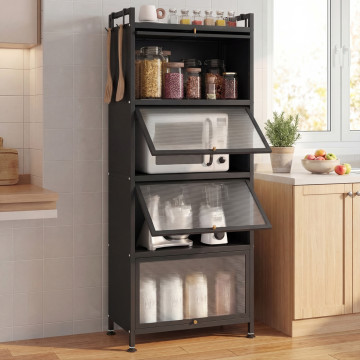 Honhorrs 5-Tier Kitchen Baker's Rack with Flip-Up Doors, Metal Frame, Wheels and Adjustable Feet