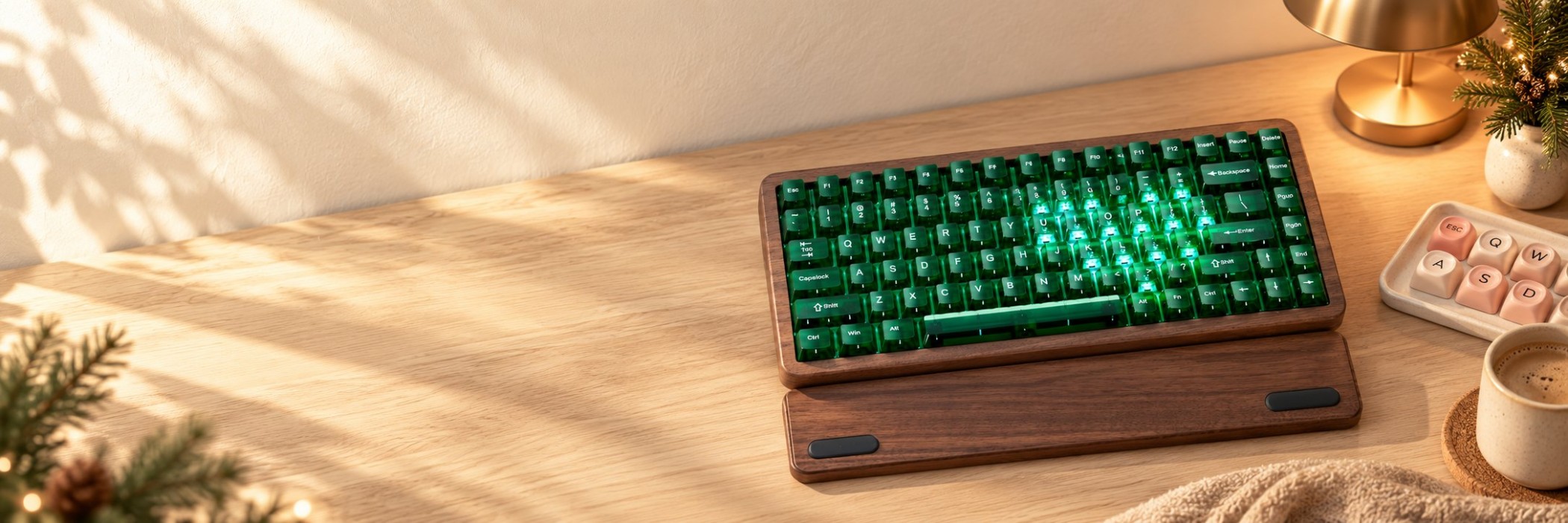 Walnut mechanical keyboard and pink keycaps on a warm home-office desk