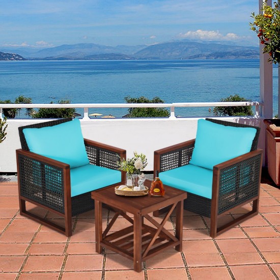XVX Three-Piece Acacia Wood Patio Set with Rattan Seating, Removable Cushions and Shelf Table
