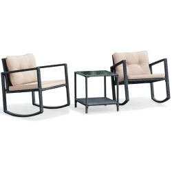 XVX Three-Piece Rattan Patio Rocking Set with Two Cushioned Chairs and Glass-Top Side Table