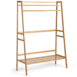 XVX Bamboo Clothing Rack with Hanging Rod, 2 Storage Shelves, Side Hooks and Wall Anchor