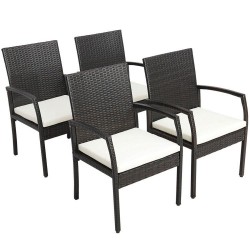 XVX Four PE Wicker Patio Dining Armchairs, Cushioned Sixteen-Inch Seats with Adjustable Feet