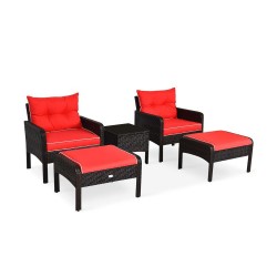 XVX Five-Piece Patio Lounge Set, Wicker Chairs and Ottomans with Cushions and Glass Side Table