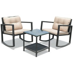 XVX Three-Piece Rattan Patio Rocking Set with Two Cushioned Chairs and Glass-Top Side Table