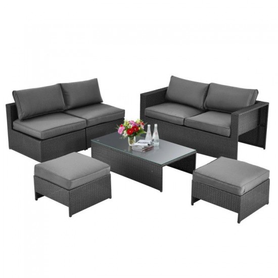 XVX Six-Piece Wicker Patio Lounge Set, Loveseat and Armless Seats with Two Ottomans and Table