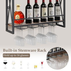 XVX 3-Tier Wall-Mounted Wine Storage Shelf with Metal Frame and Holders for up to 16 Glasses
