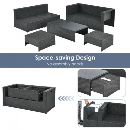 XVX Six-Piece Wicker Patio Lounge Set, Loveseat and Armless Seats with Two Ottomans and Table