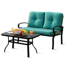XVX Two-Piece Patio Loveseat and Coffee Table, Padded Bench with a Honeycomb-Pattern Tabletop
