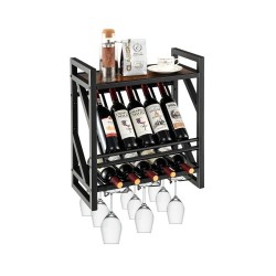 XVX Wall-Mounted 10-Bottle Wine Rack with 2 Storage Tiers and 3 Rows of Stemware Holders