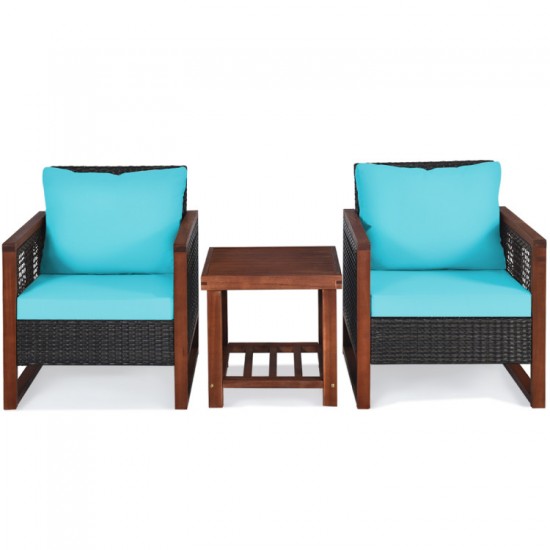 XVX Three-Piece Acacia Wood Patio Set with Rattan Seating, Removable Cushions and Shelf Table