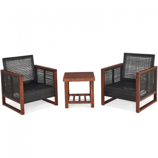 XVX Three-Piece Acacia Wood Patio Set with Rattan Seating, Removable Cushions and Shelf Table