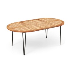 XVX 79-Inch Oval Acacia Patio Table for Eight, Umbrella Hole and Slatted Top with Leveling Feet