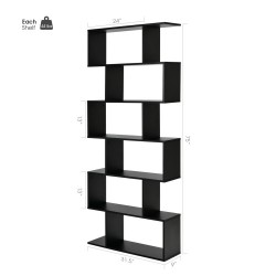 XVX 6-Compartment S-Shaped Open Display Bookcase with Staggered Shelves and Wall Anchor