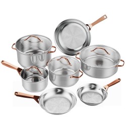 XVX 11-Piece Stainless Steel Cookware Set with 3 Skillets, Glass Lids and Gold-Tone Handles