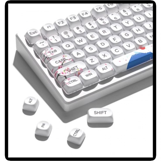 White Blossom Keycaps by XVX, 131-Key MOA PBT Set with Japanese-Inspired Legends and Artwork