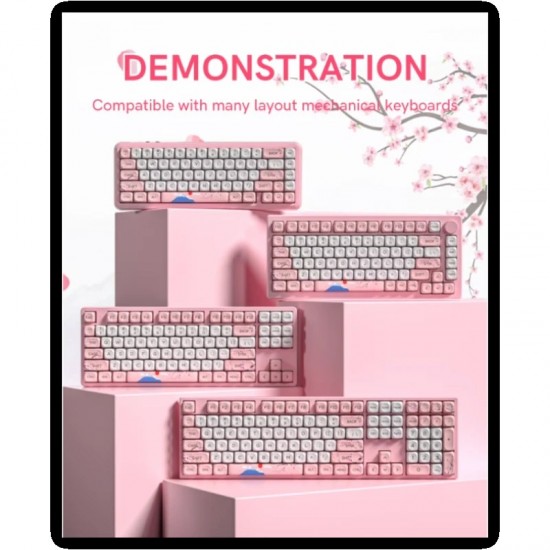 XVX Pink-and-White Blossom Keycaps, 131-Piece MOA PBT Set with Japanese-Inspired Dye-Sub Artwork