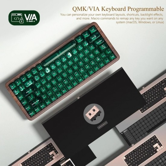 XVX WD75 V2 Walnut Wireless Mechanical Keyboard, QMK/VIA Remapping, Clear Green Keys and RGB