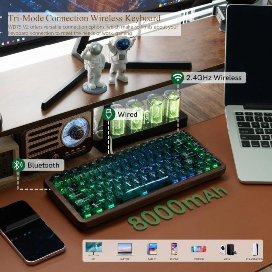 XVX WD75 V2 Walnut Wireless Mechanical Keyboard, QMK/VIA Remapping, Clear Green Keys and RGB
