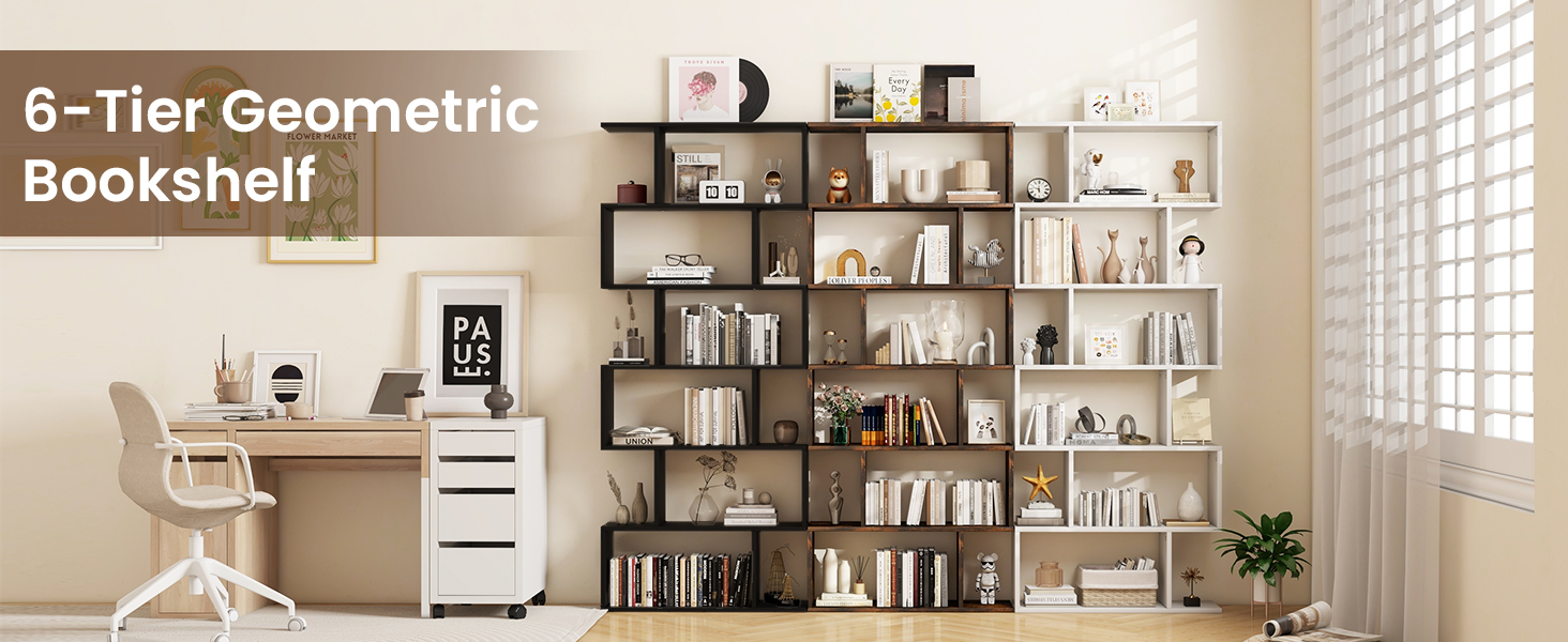 Honhorrs 6-Compartment S-Shaped Open Display Bookcase with Staggered Shelves and Wall Anchor detail