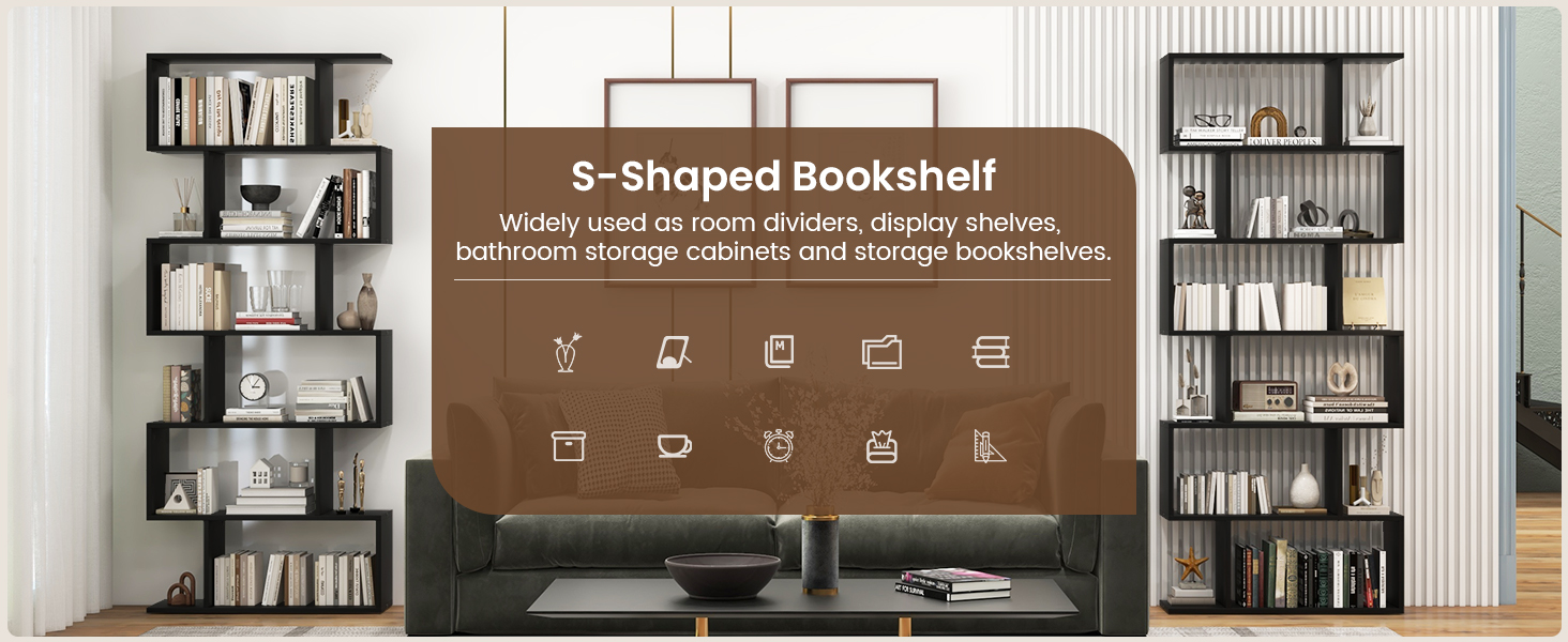 Honhorrs 6-Compartment S-Shaped Open Display Bookcase with Staggered Shelves and Wall Anchor detail