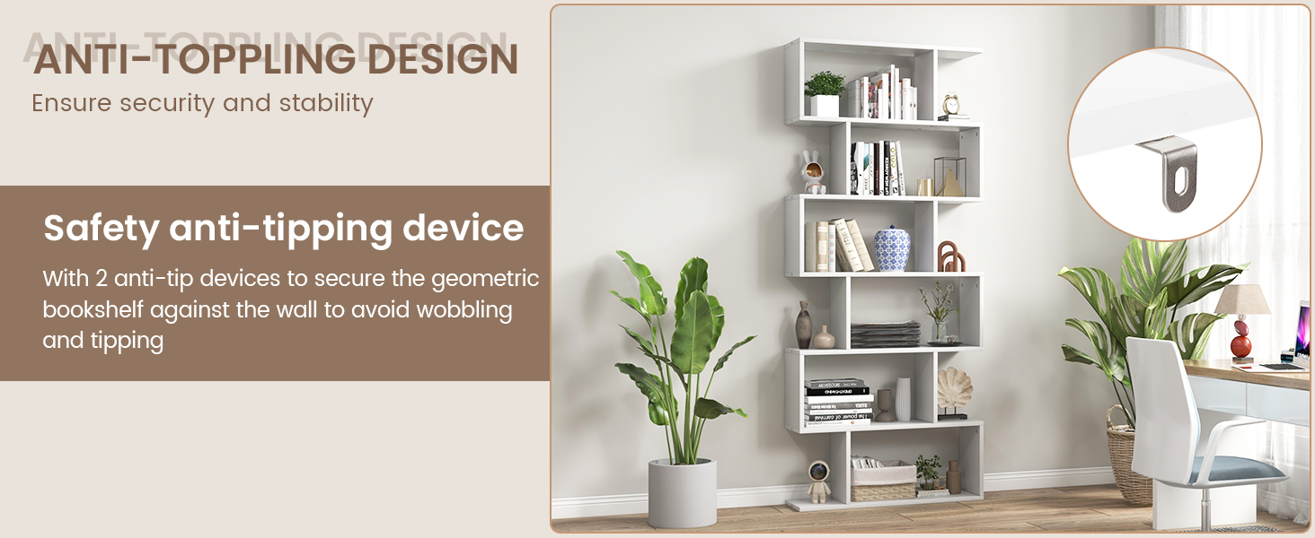 Honhorrs 6-Compartment S-Shaped Open Display Bookcase with Staggered Shelves and Wall Anchor detail