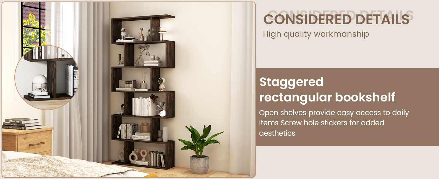 Honhorrs 6-Compartment S-Shaped Open Display Bookcase with Staggered Shelves and Wall Anchor detail