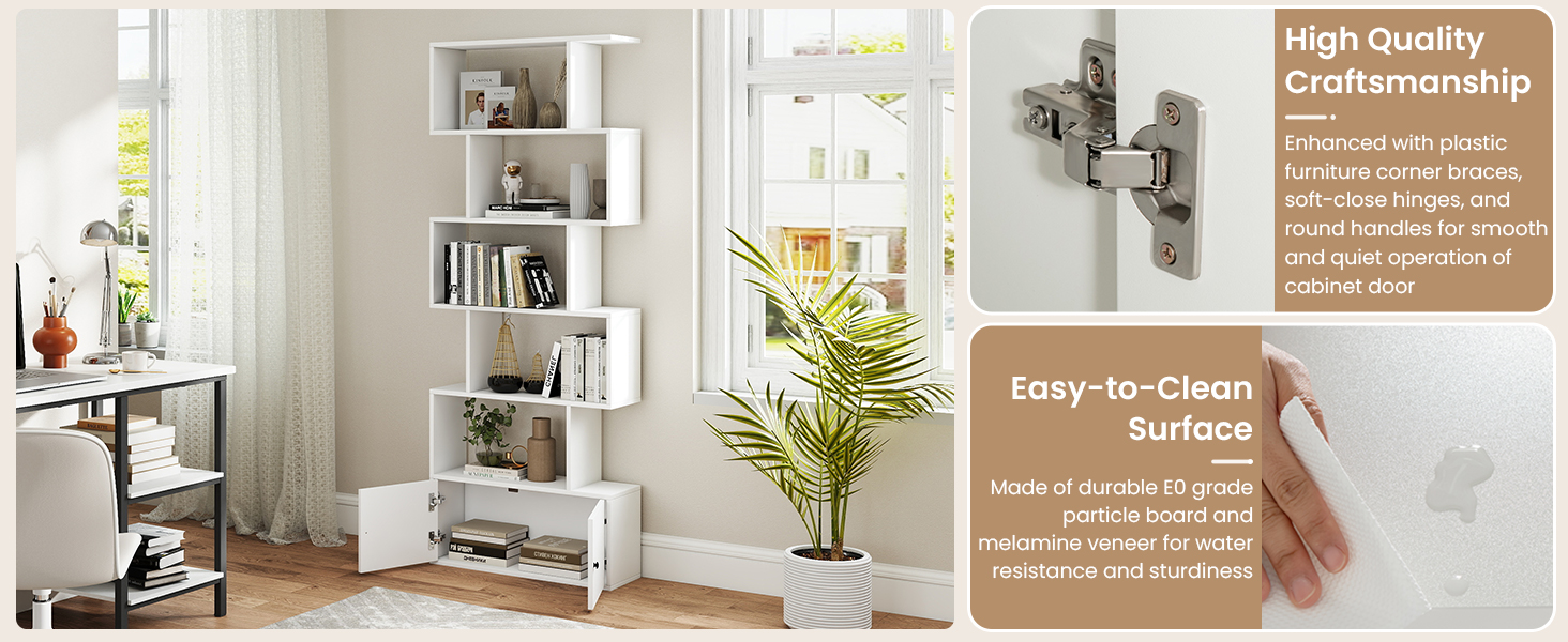 Honhorrs S-Shaped Bookcase — Five Display Cubbies, Two-Door Lower Cabinet and Soft-Close Door Hinges detail