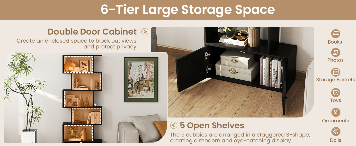 Honhorrs S-Shaped Bookcase — Five Display Cubbies, Two-Door Lower Cabinet and Soft-Close Door Hinges detail