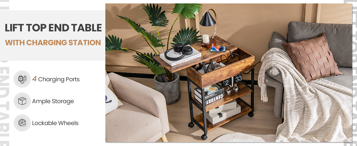 Honhorrs Rolling Lift-Top End Table with Hidden Storage, Charging Station and Lockable Wheels detail