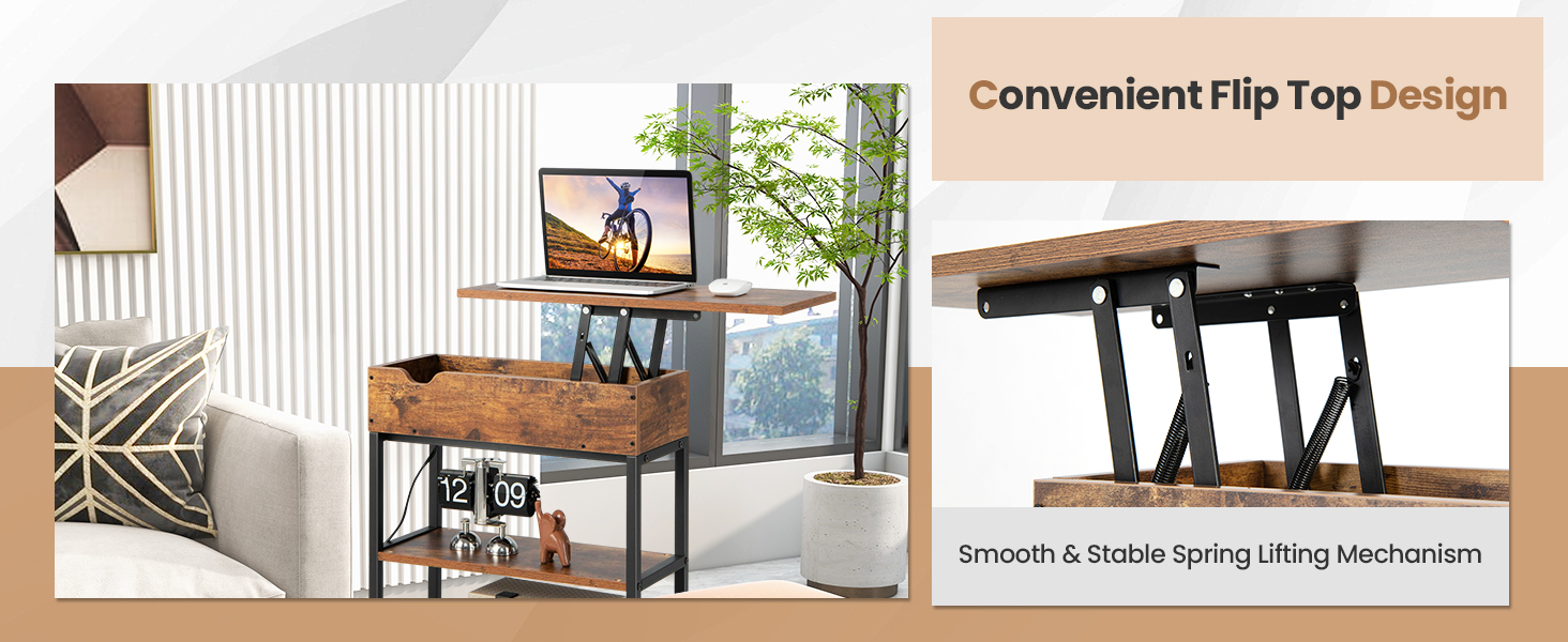 Honhorrs Rolling Lift-Top End Table with Hidden Storage, Charging Station and Lockable Wheels detail