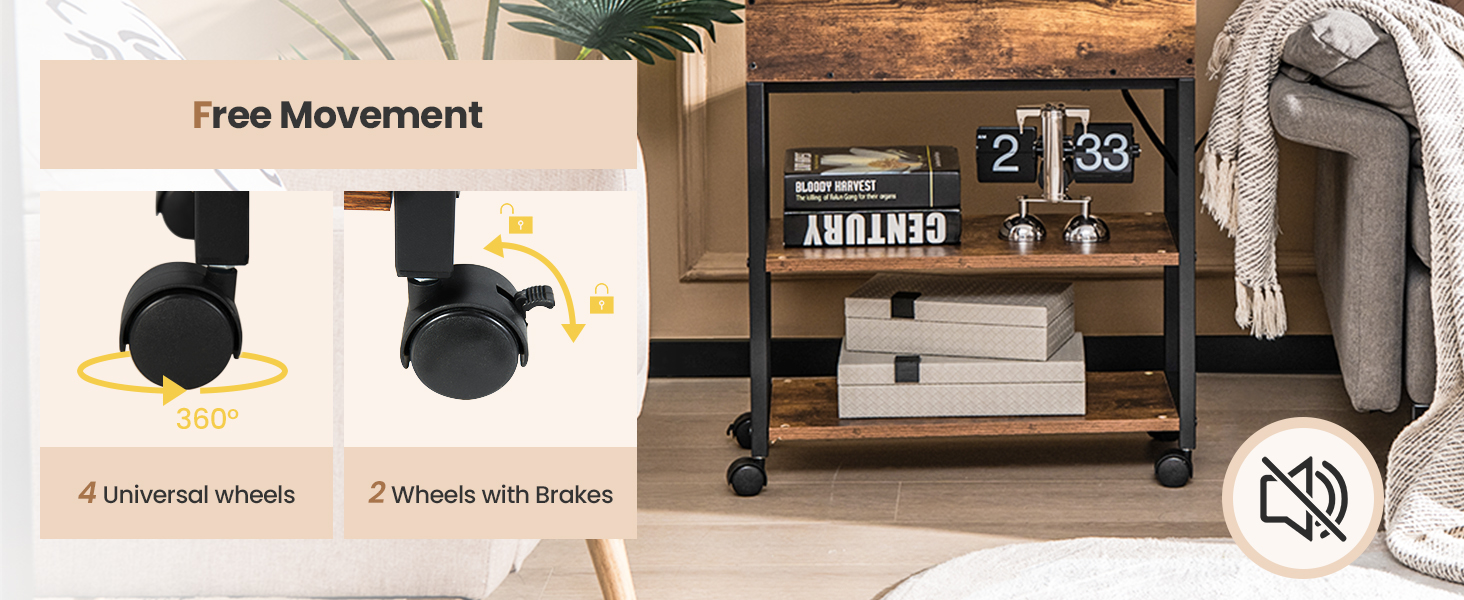 Honhorrs Rolling Lift-Top End Table with Hidden Storage, Charging Station and Lockable Wheels detail