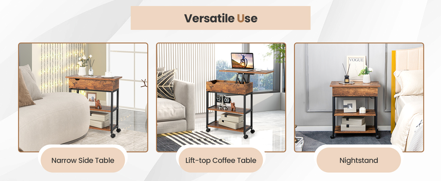 Honhorrs Rolling Lift-Top End Table with Hidden Storage, Charging Station and Lockable Wheels detail