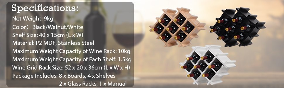 Honhorrs Wall-Mount Wine Storage: Diamond Bottle Rack, Display Shelves and Stemware Hanging Rails detail