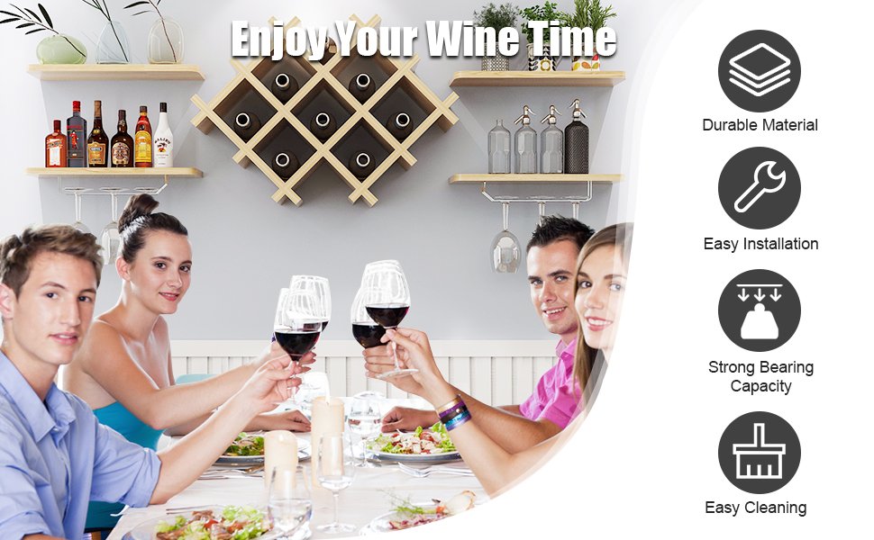 Honhorrs Wall-Mount Wine Storage: Diamond Bottle Rack, Display Shelves and Stemware Hanging Rails detail