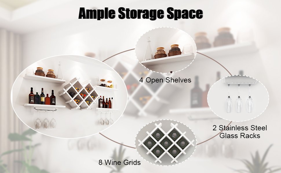 Honhorrs Wall-Mount Wine Storage: Diamond Bottle Rack, Display Shelves and Stemware Hanging Rails detail