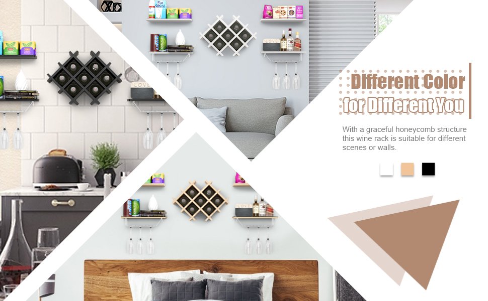 Honhorrs Wall-Mount Wine Storage: Diamond Bottle Rack, Display Shelves and Stemware Hanging Rails detail