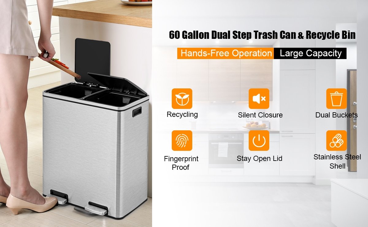 Honhorrs 16-Gallon Dual Step Trash Can with Separate Removable Buckets and Slow-Closing Lids detail
