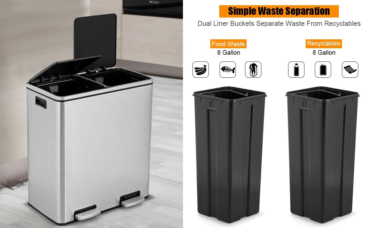Honhorrs 16-Gallon Dual Step Trash Can with Separate Removable Buckets and Slow-Closing Lids detail
