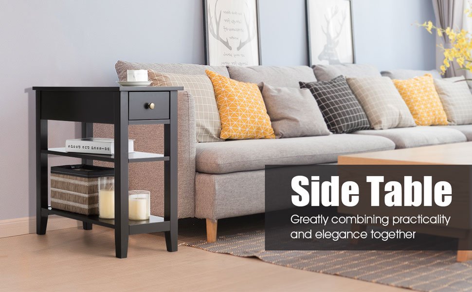 Honhorrs Slim Three-Level End Table with Sliding Drawer and Two Open Shelves for Bedside Storage detail