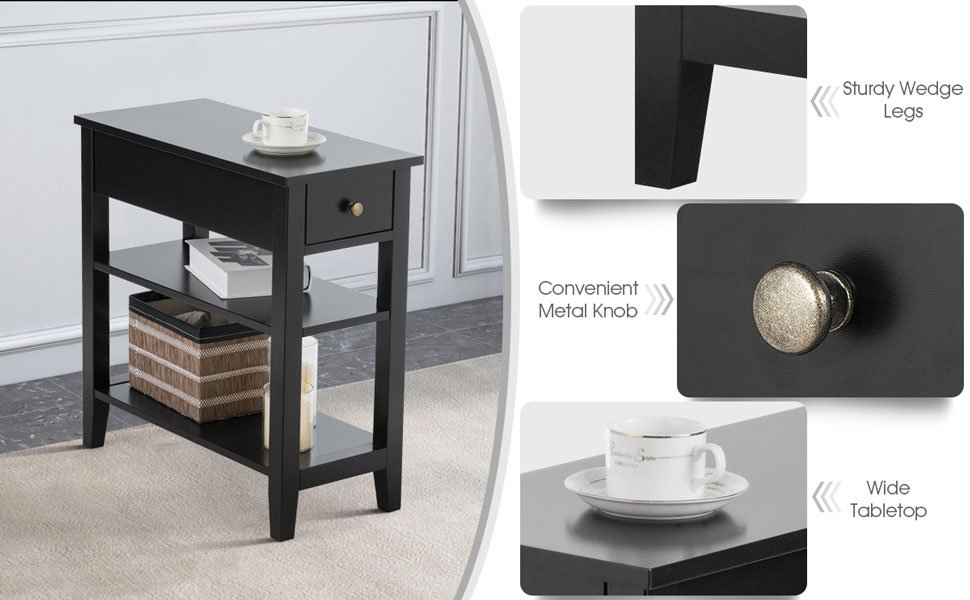 Honhorrs Slim Three-Level End Table with Sliding Drawer and Two Open Shelves for Bedside Storage detail