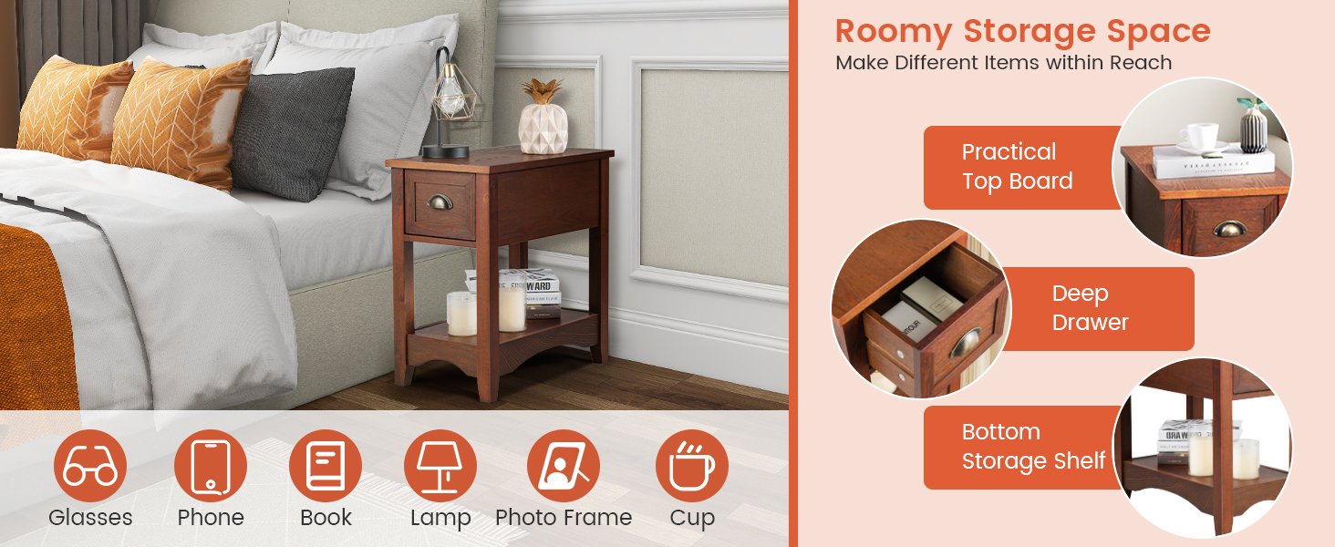 Honhorrs Chairside End Table with Drawer, Open Lower Shelf, Rubber Wood Legs and Metal Pull Handle detail