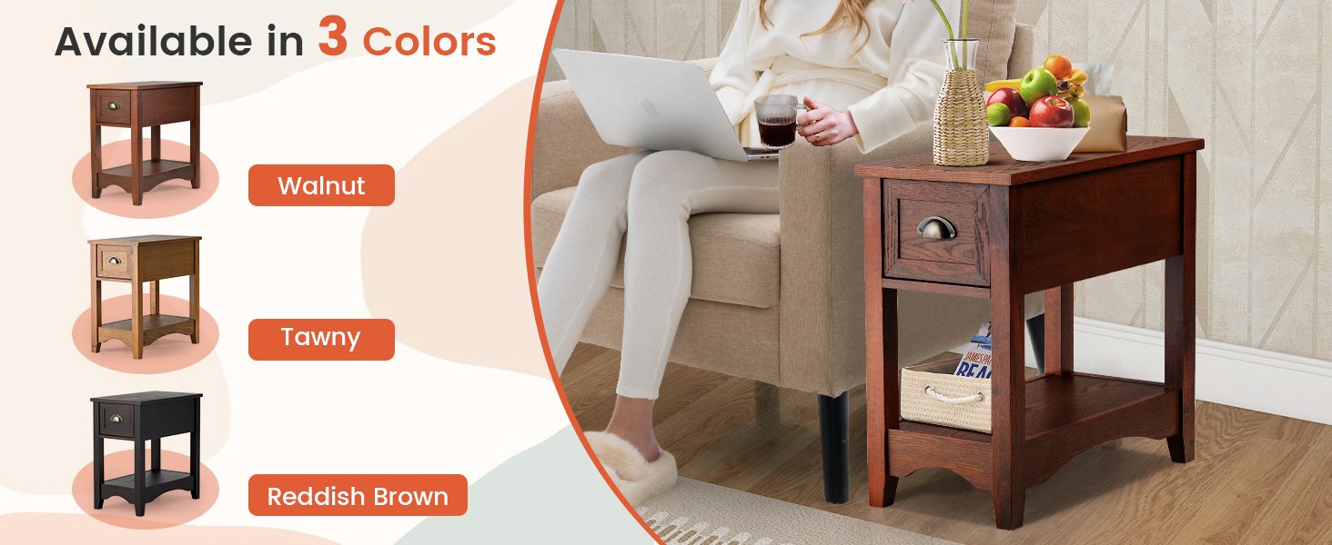 Honhorrs Chairside End Table with Drawer, Open Lower Shelf, Rubber Wood Legs and Metal Pull Handle detail