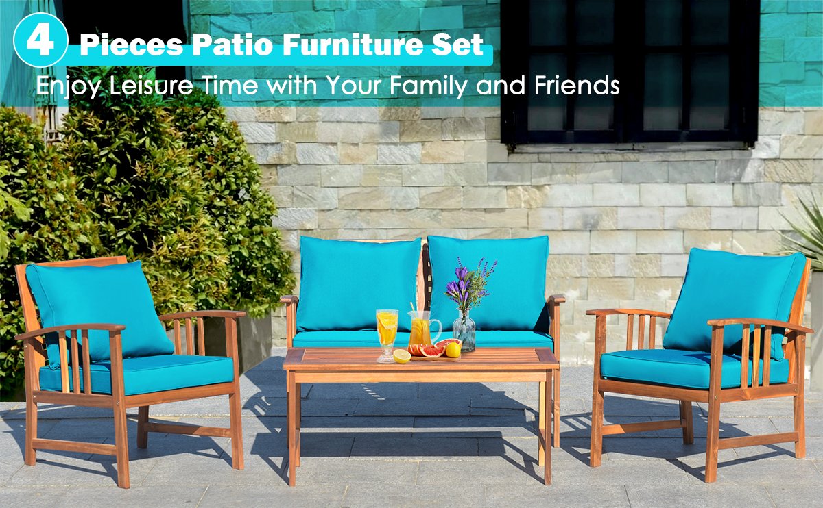 Honhorrs Four-Piece Wooden Patio Seating Set, Clear-Varnished Frames with Zippered Seat Cushions detail
