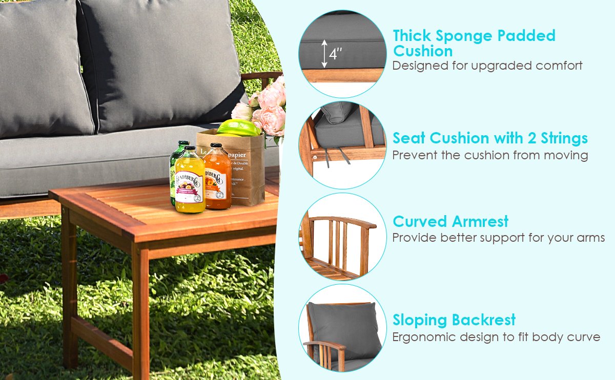 Honhorrs Four-Piece Wooden Patio Seating Set, Clear-Varnished Frames with Zippered Seat Cushions detail