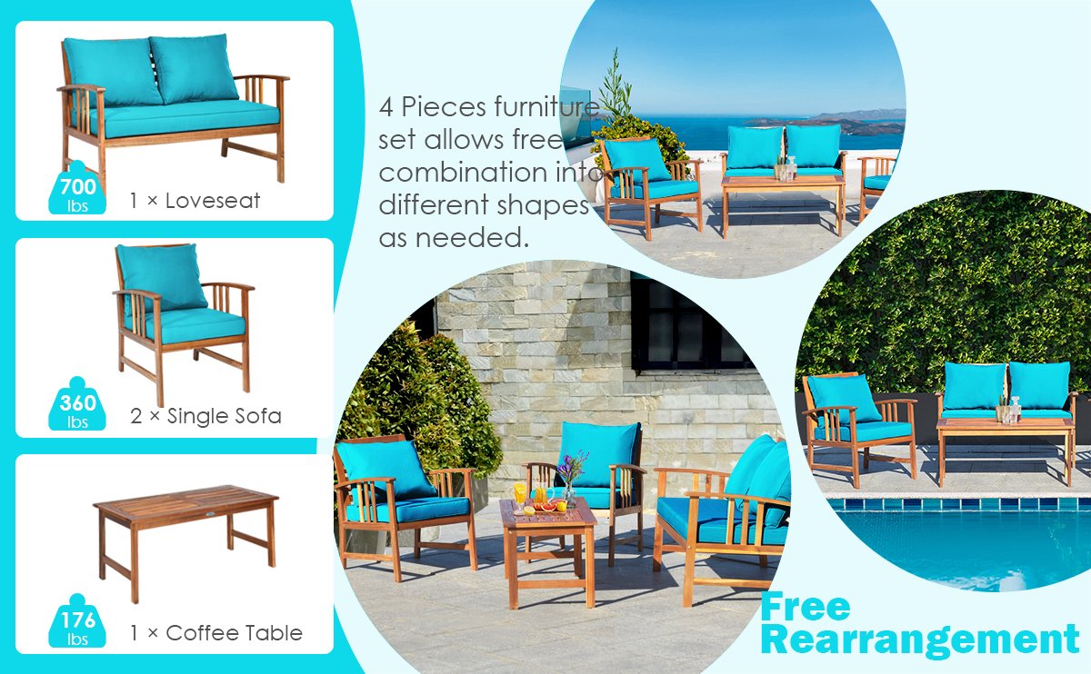 Honhorrs Four-Piece Wooden Patio Seating Set, Clear-Varnished Frames with Zippered Seat Cushions detail