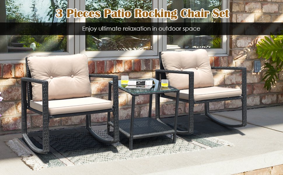 Honhorrs Three-Piece Rattan Patio Rocking Set with Two Cushioned Chairs and Glass-Top Side Table detail