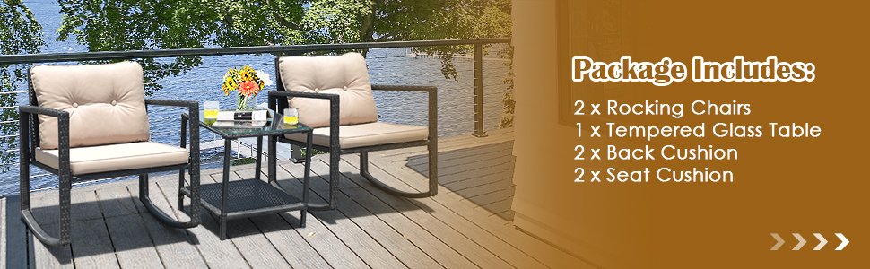 Honhorrs Three-Piece Rattan Patio Rocking Set with Two Cushioned Chairs and Glass-Top Side Table detail