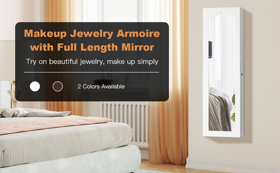 Honhorrs Hanging Mirror Jewelry Cabinet, Five Interior LED Lights and Lockable Door or Wall Storage detail